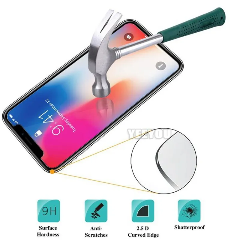 Dla iPhone X / 12 Szkło szklane Protector dla iPhone 11 / XR dla Galaxy J3 Prime 0.33mm 2.5D Anti-Shatter z opakowaniem