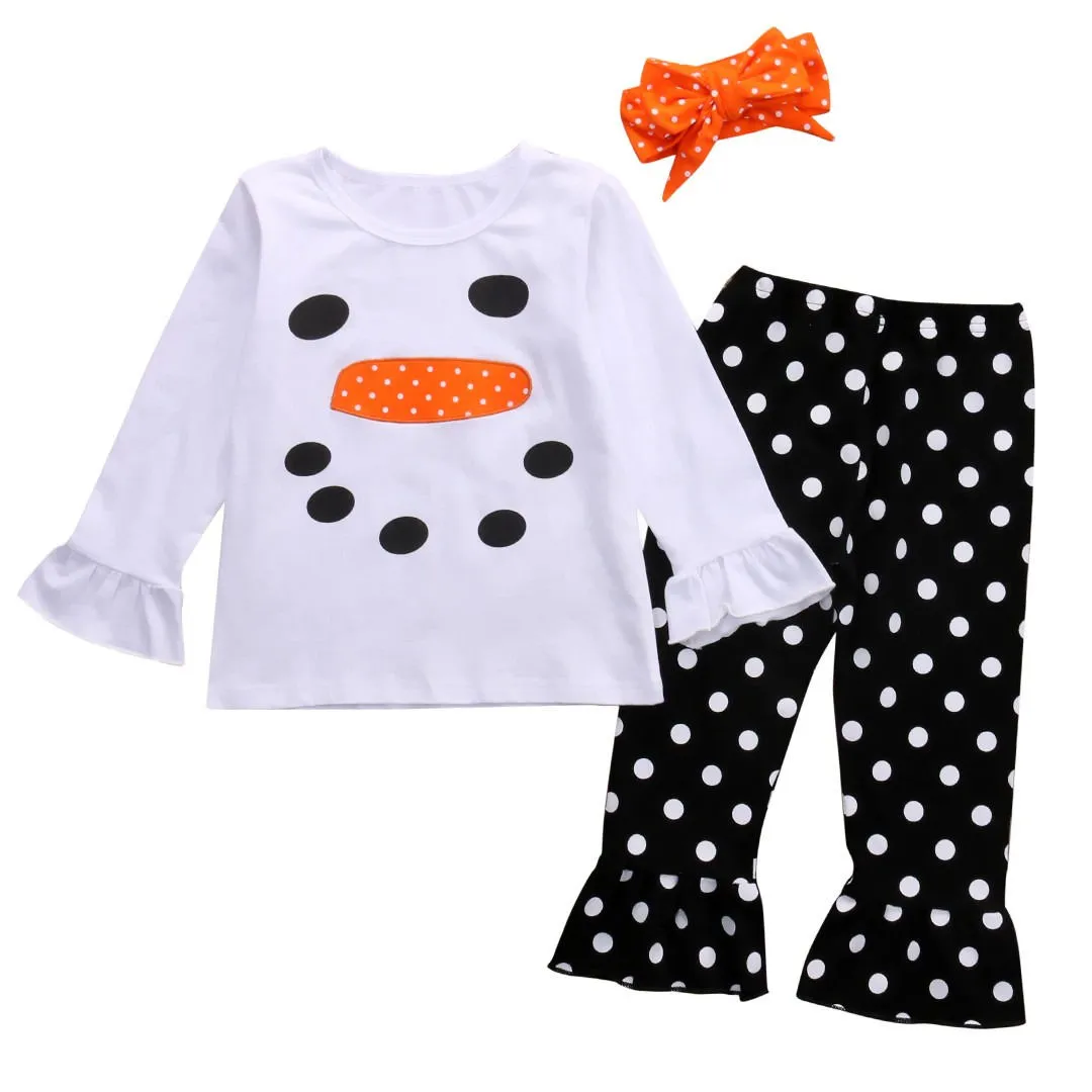 3 PCS Set Crianças Roupas de Natal Roupa Da Criança Do Bebê Meninas Boneco de Neve de Manga Longa Tops T Shirt + Polka Dot Calças + Headband Meninas Outfits