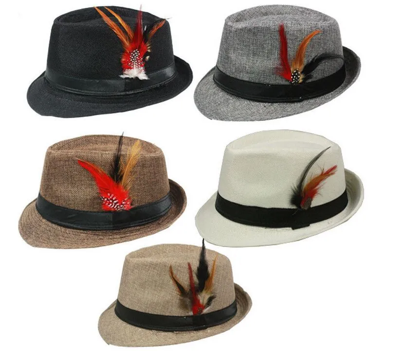 Ny sommar trilby fedora hattar halm med fjäder för mens mode jazz panama strand hatt 10st / 