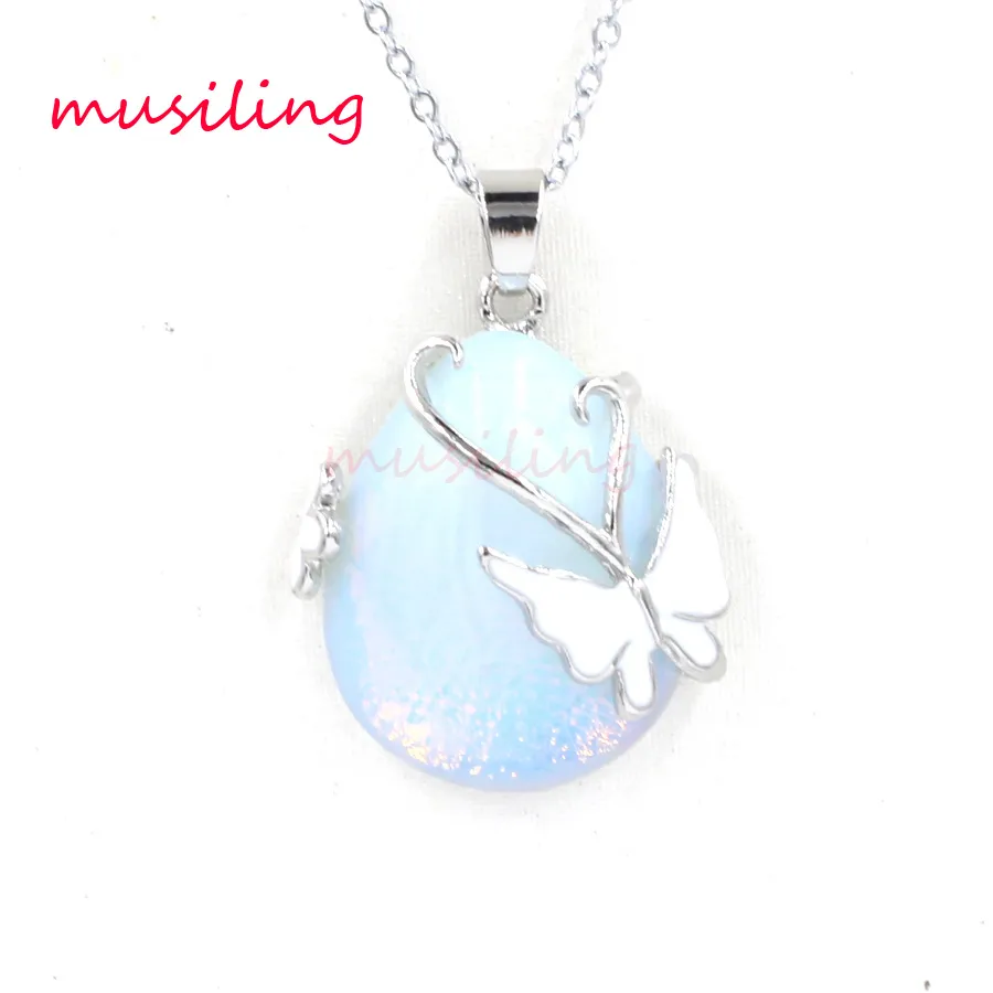 Water Drop Butterfly Pendants Necklace Chain Natural Stone Jewelry Pendulum Silver Plated Charms Amulet European Fashion Jewelry F7060489