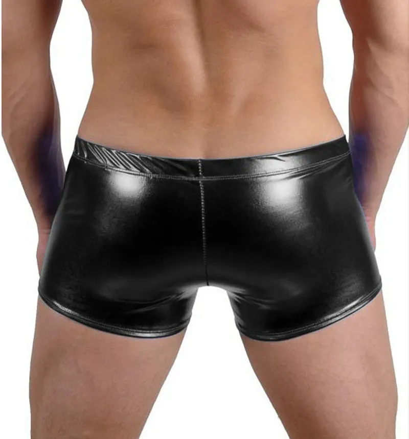 Pantaloncini boxer da uomo in ecopelle alla moda Mutandine metallizzate lucide Elastico in vita con coulisse Intimo Night Bar Stage Underpants