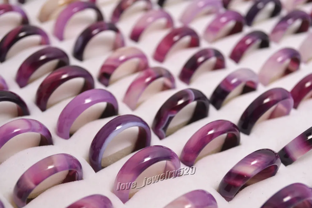 New Beautiful Smooth Purple Black Round Solid Jade/Agate Gem Stone Band Jewelry Rings 