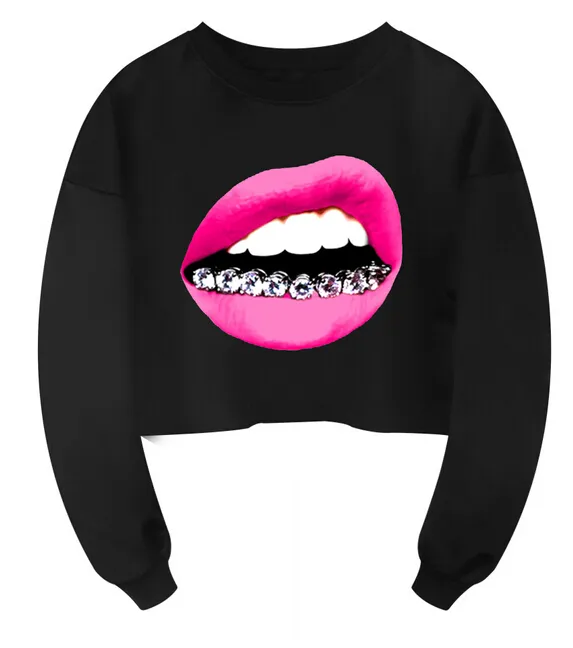 Womens Lip Printing Short Hoodie Hooded Crop Top Sweatshirt Sweater ...