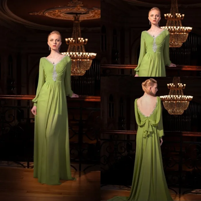 Elegancka Moda Linia V Neck Light Green Szyfon Z Długim Rękawem Suknie Wieczorowe Aplikacje Backless Kobiety Party Prom Suknie Sweep Pociąg