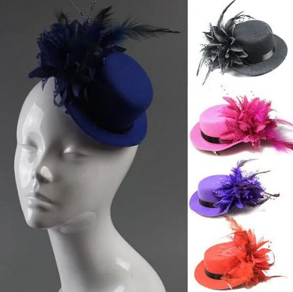  Fashion Lady`s Mini Hat Hair Clip Feather Rose Top Cap Lace fascinator Costume Accessory The bride headdress Plumed Hat 