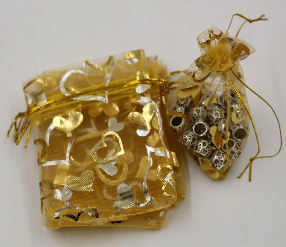 Hot ! Jewelry Packing Gold Heart Organza Pouch Wedding Favor Gift Bags 7x9cm /9x12cm / 13x18cm