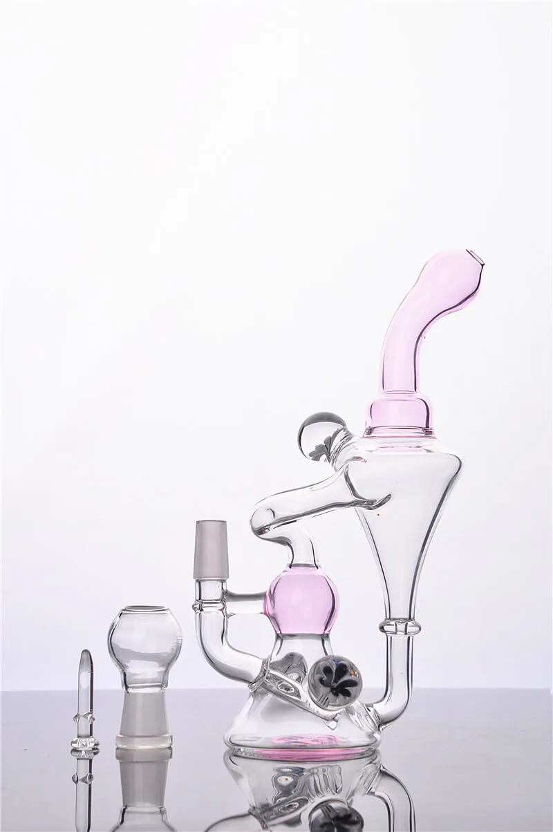 Pink Recycler Dab Rigs Hookahs Girly Bongs Tuberías de agua con Perc en línea de 7,5 pulgadas y junta de 14 mm