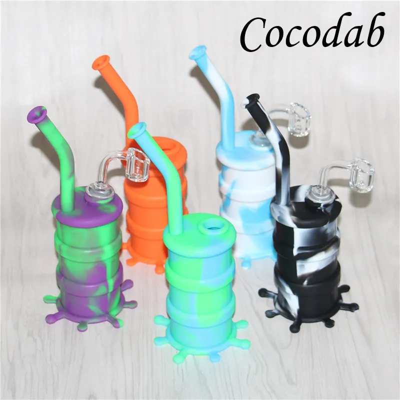 Popular Hookahs Silicon Water Rigs Silicone Drum Bong Oil Dab Rig Pipes With Clear 4mm 14mm Male Quartz Nails