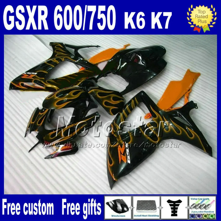 フェアリングキット06 07 GSXR 600 750 Suzuki GSXR600 GSXR750 2006 2007 K6黄金の炎Black FairingsセットAA41 + 7ギフト