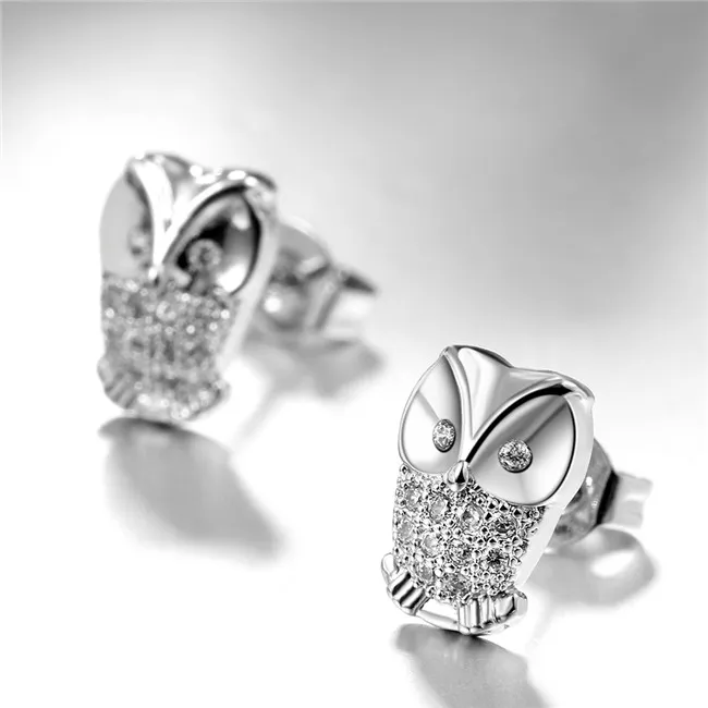 Ny design Real 18K Platinum Plated Cz Diamond Owl Studörhängen Fashion Jewelry Party Christmas Gifts For Girls Free Frakt