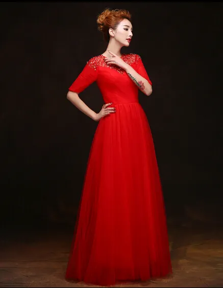 Charakterystyczne wyznaczone dekorowane Elie Saab Prom Dresses Załoga Sheer Half Sleeve A-Line Długość Tulle Suknie Wieczorowe
