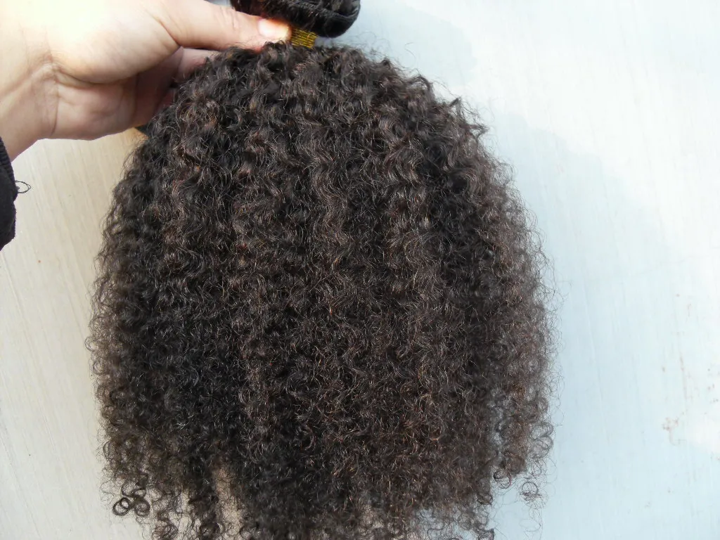 Nowy Przyjeżdża Brazylijski Ludzki Kręcone Włosy Klips W Weft W Ludzie Przedłużanie Włosów Nieprzetworzone Natural Black / Brown Kolor 9 sztuk / Zestaw Afro Kinky Curl