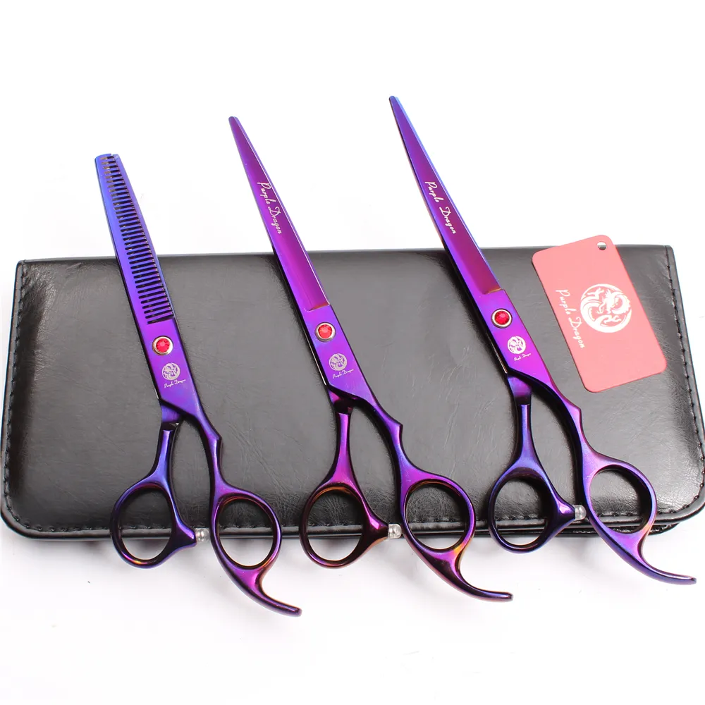 Suit 7" JP 440C Purple Dragon Professional Pets Dog Hair Grooming Scissors Cutting Shears + Thinning Scissor + UP Curved Shears Z3003