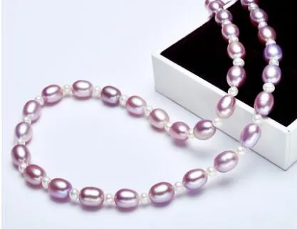 Fresh water pearl powder purple and white rice pearl necklace fashion trend female gold chain chain to send girlfriend