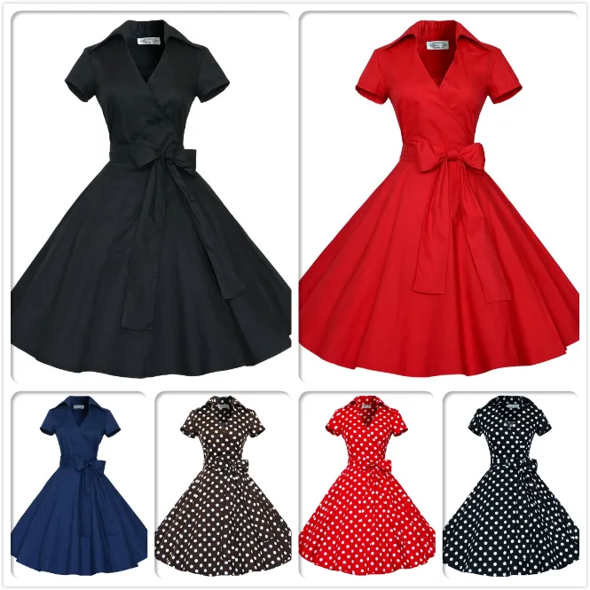 Audrey Hepburn Vintage Style Casual Dresses Modern Ruffles Women European Short Sleeve with Bow Ribbon Lapel Neck Skirts OXL127