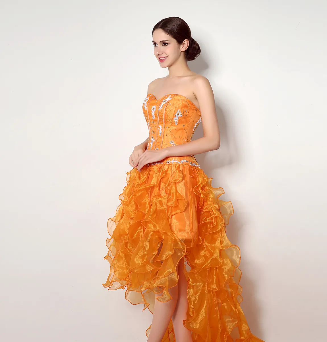 2015 Designer High Low Prom -jurken op voorraad goedkope Seetheart Crystal Fish Benende ruches oranje organza feestjurken sexy verband dr6693875