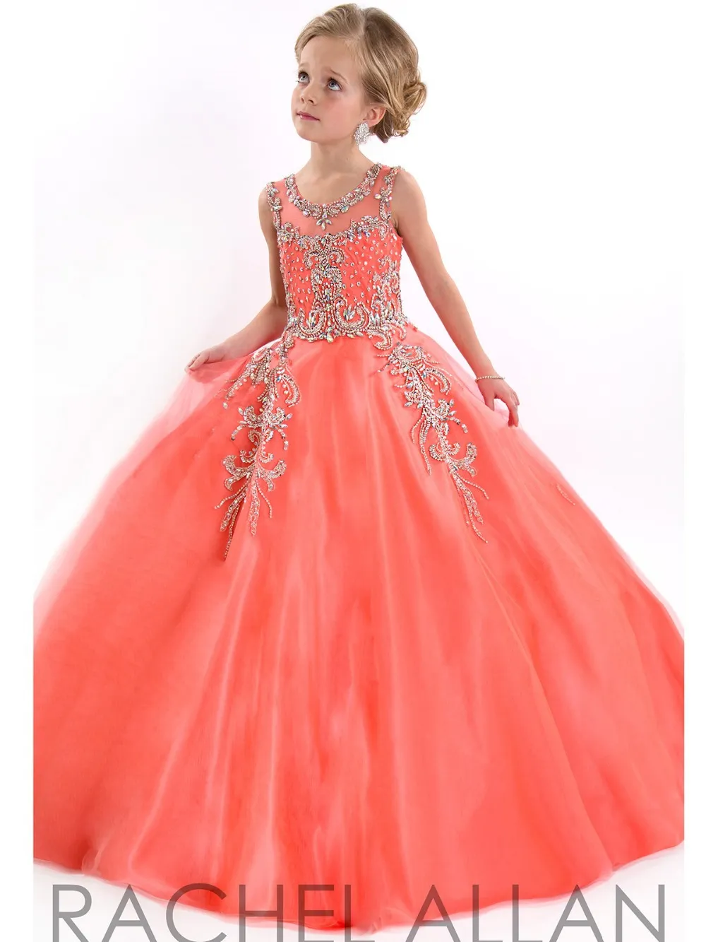 Little Girls Pageant Dresses For Teens Princess Rachel Allan Jewel Crystal Beading White Coral Kids Flower Birthday Gowns HY00731