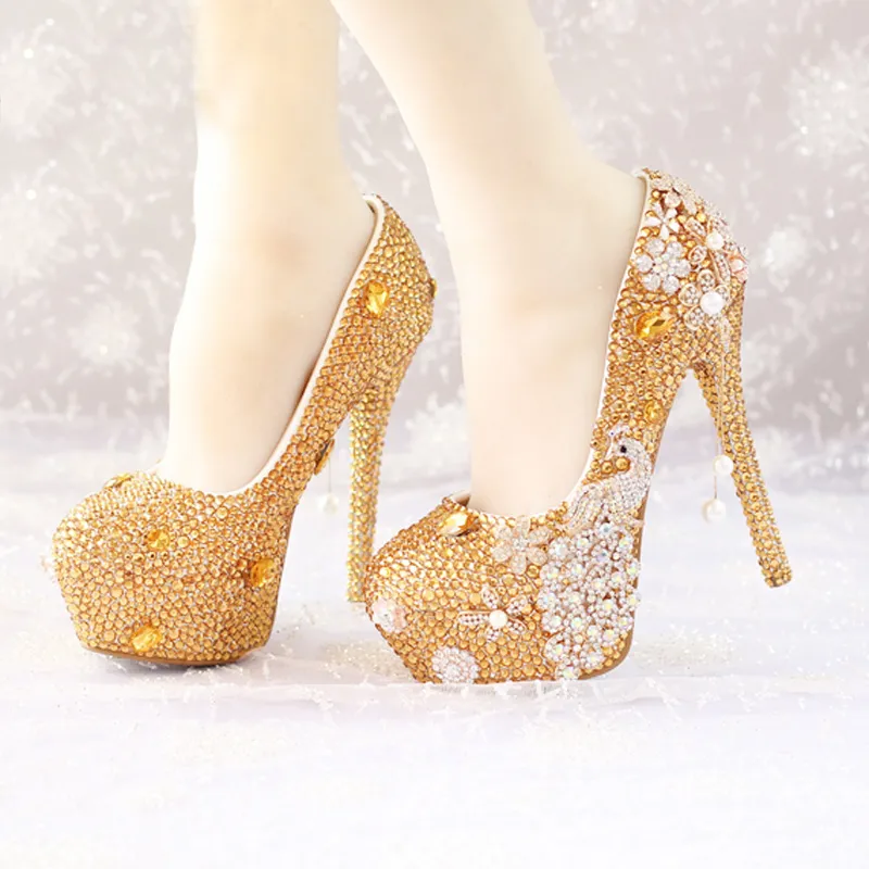 Glitter Guld Strass Bröllop Skor 5 Inches Högklackat Party Pumps Bling Diamond Evening Prom Heels Kändisfunktion Skor