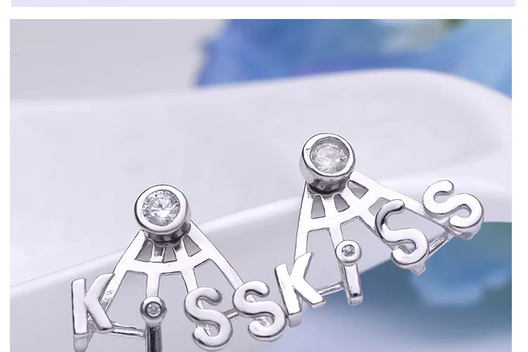 925 Sterling Silber Ohrstecker Modeschmuck Buchstaben Worte Kuss Diamant Kristall Eleganter Stil Ohrring für Frauen Mädchen 100 Stück