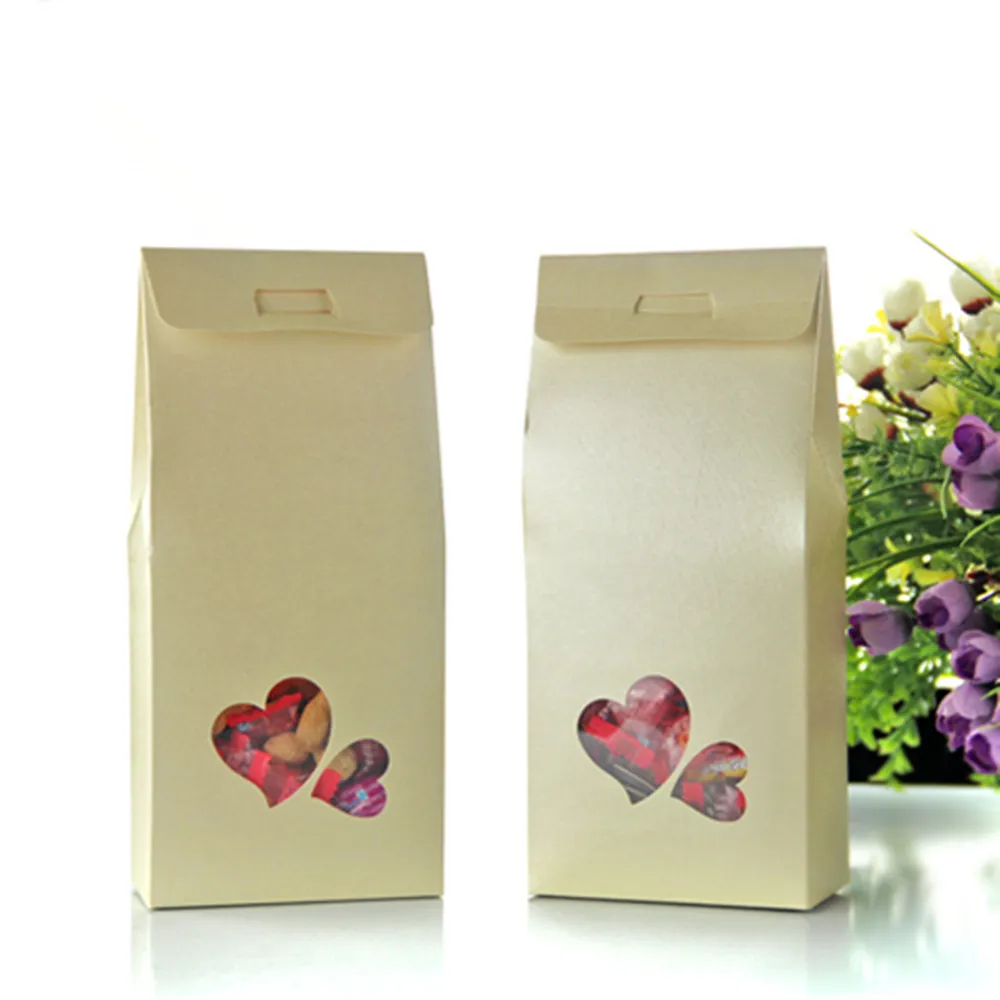 11*23+5cm Kraft Paper Box With Clear Heart Window Wedding Favor Candy Gift Packing Bag Box Food Snack Chocolate Nuts Storage Packaging