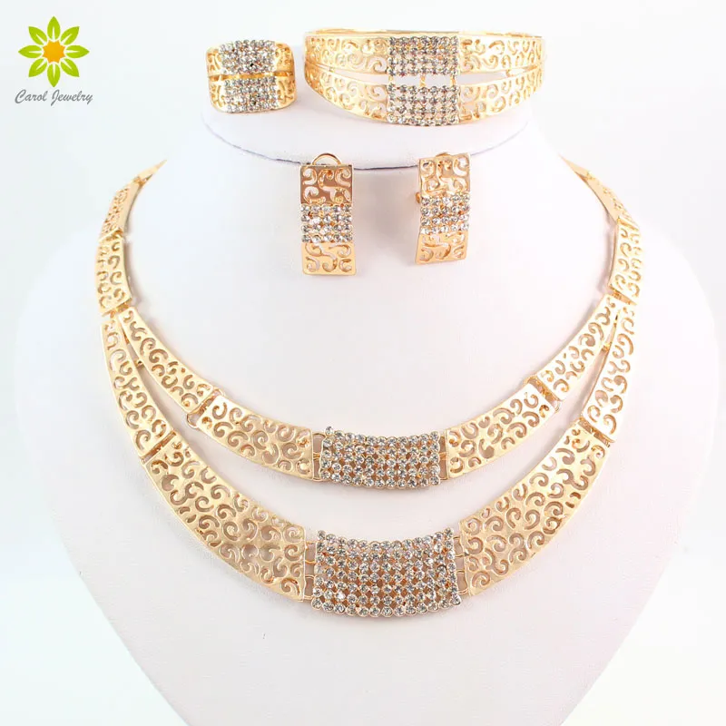 Schmucksets, modische Hochzeitsaccessoires, afrikanische Schmucksets, 18 Karat Gold, Strass-Halsketten- und Ohrringe-Set, Brautschmuck-Set