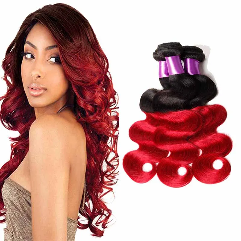Färgad brasilianskt rött ombre mänskligt hår 3 buntar Två ton 1b / röd brasiliansk kroppsvåg Remy Human Hair Weave Extensions