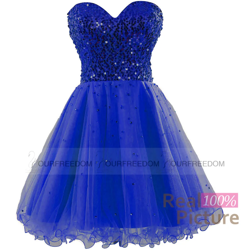 I lager Billiga Homecoming Dresses Gold Black Blue White Pink Sequins Sweetheart A Line Short Cocktail Party Prom Crows 100% Real Image 2019