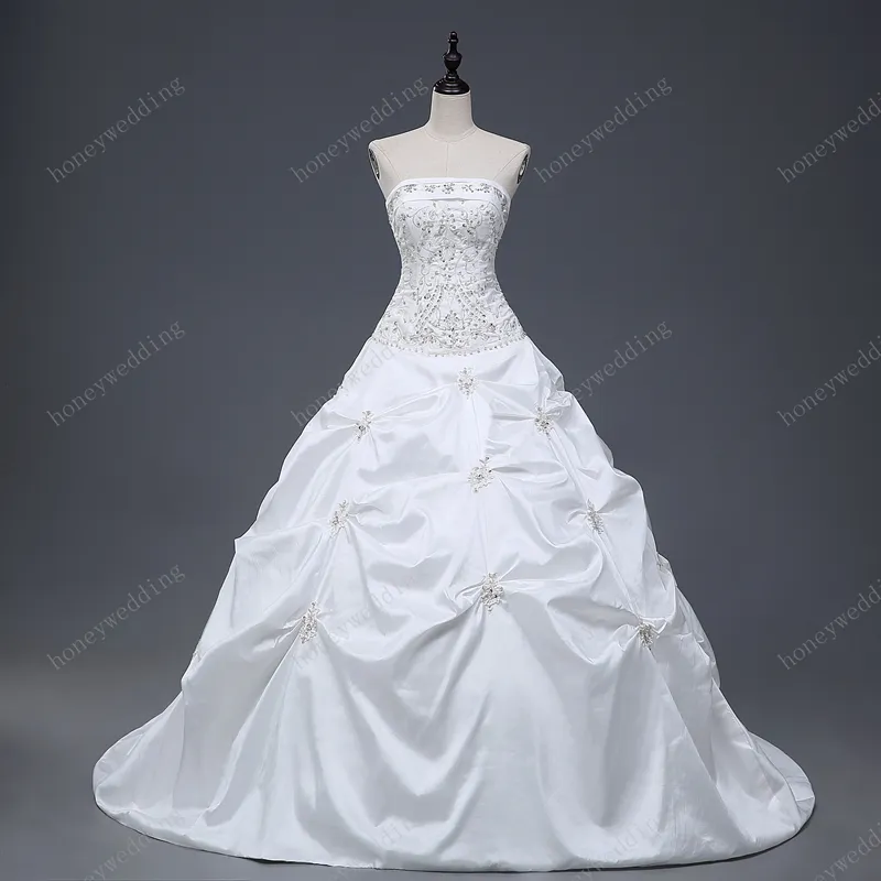 Lindo vestido de baile vestidos de noiva baratos sem alças com babados bordados de lantejoulas e rendas vestidos de noiva com menos de 100 amostras reais253b