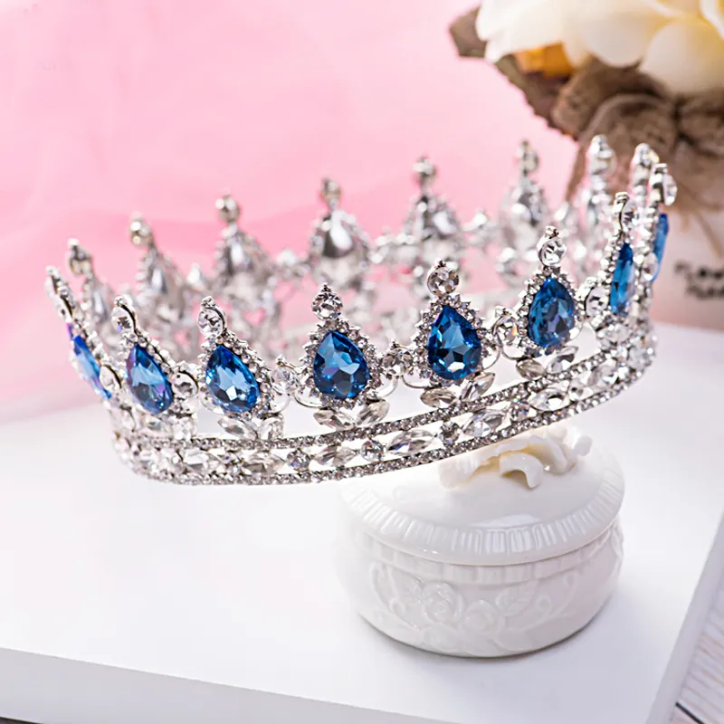 Queen Crown Luksurious Blue Diamond Pageant Wedding Bridal Biżuteria