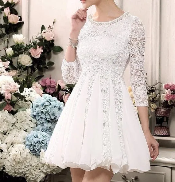 Best Selling A Line Jewel Mini Short Chiffon Cheap Homecoming Dresses With 3 4 Lace Sleeve Beaded Modest Cheap Graduation Short Prom Dress