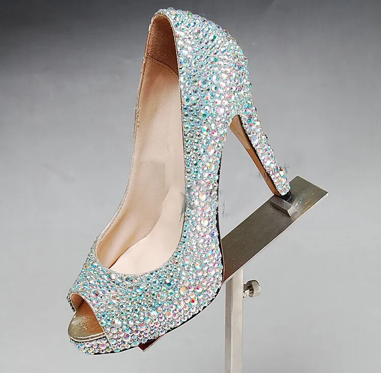 Dazzling Crystal AB Strass Crystal High Platform Shoes Peep Toe Diamond Rhinestone 4 inch Heels Wedding Shoes Party Prom High Heels