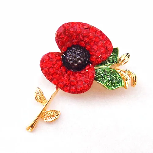 DHL FREE SHIPPING Bright Red Austria Crystals Poppy Flower Pin Brooch Wholesale Poppy Brooches British Memorial Days Gift Poppy Badge