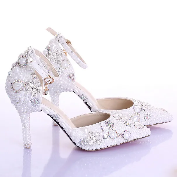 Chaussures De Mariée à Talons Hauts Perles & Cristaux FAIT MAIN - Taille 37 EU / 4 UK - Occasion En Ivoire