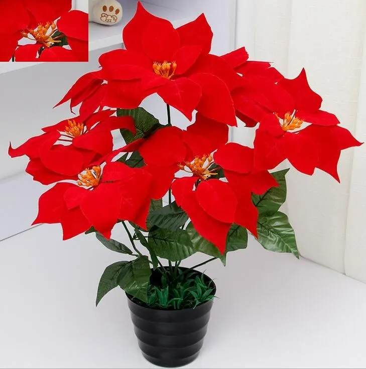 fleurs artificielles poinsettia, noël fleur poinsettia noël maison festival decoratiion fleur 45cm 7 Tête Poinsettia Fleur SF008