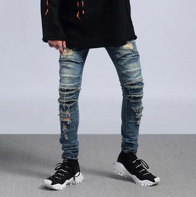 High Street Men Ripped Slim Fit Jeans West Knee Cuts Distressed Long Pants Vintage Light Blue Trousers