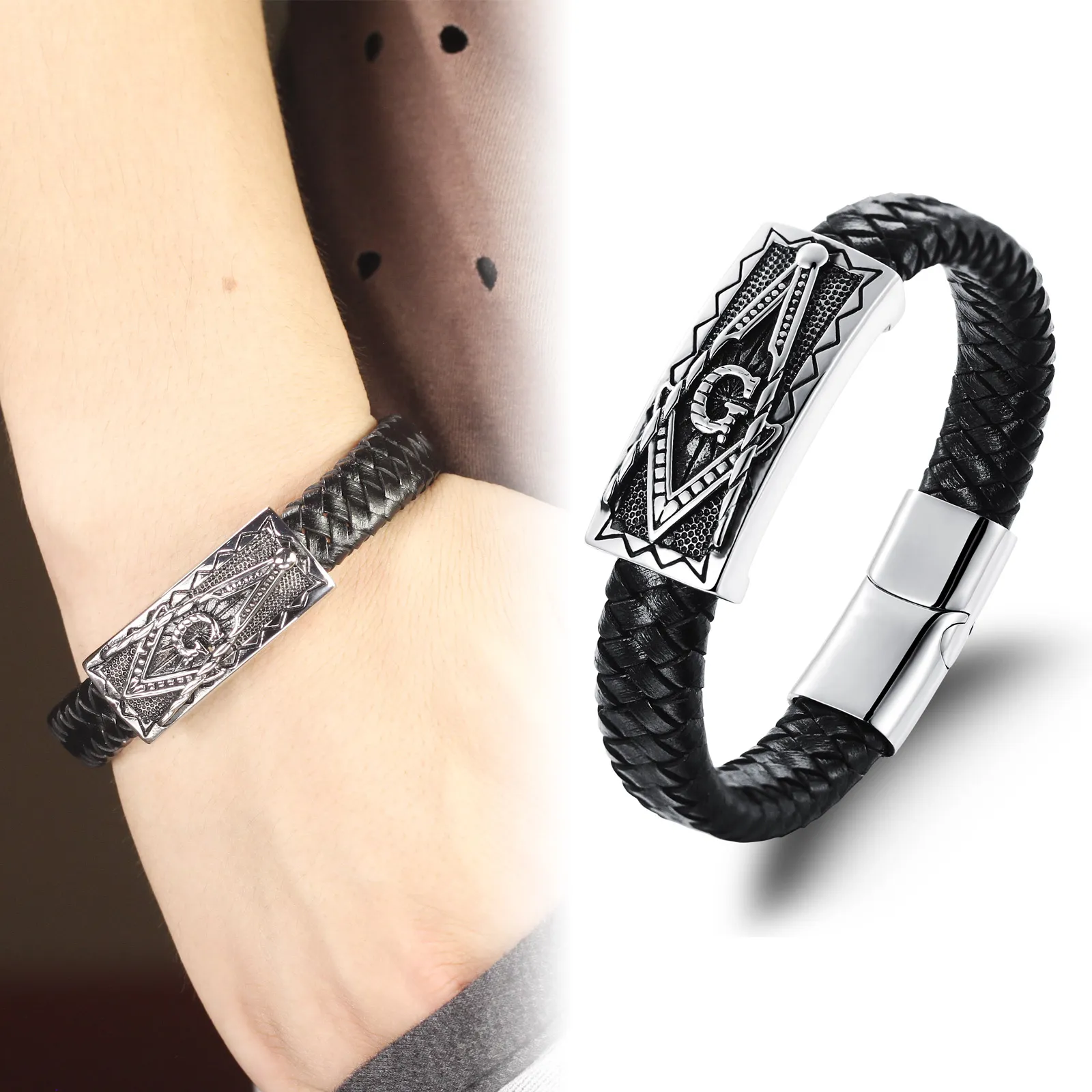 Das Design ist ein neuartiges Edelstahl-Armband mit Magnetverschluss und echtem Leder. Freimaurer-Freimaurer-Männer