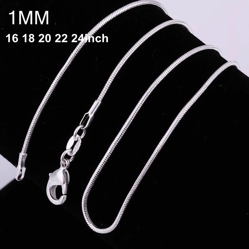 100pcs 925シルバーP滑らかなヘビチェーンネックレス1mmチェーンミックスサイズ16 18 20 22 24インチ