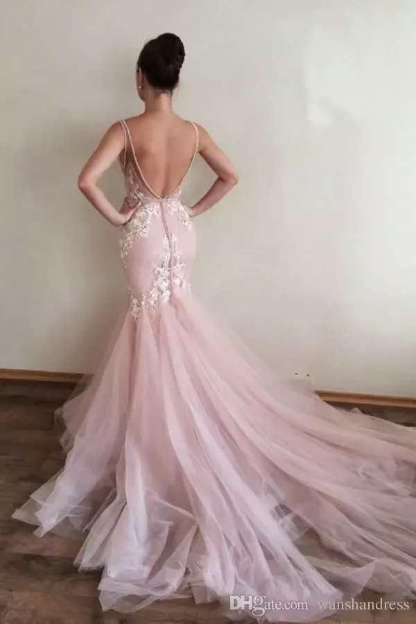 Seksi Allık Pembe Denizkızı Gelinlik V Yaka Kolsuz Backless Boncuk Dantel Aplikler Gelinlikler V Yaka Kolsuz Gelin Giydirme Plus Size