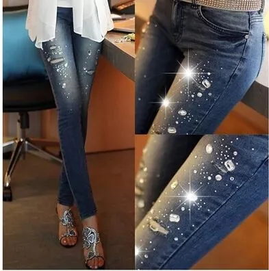 Jeans strappati nuovi jeans strappati lunghi pantaloni jeans strass con fori matita pantaloni leggings donna per le donne