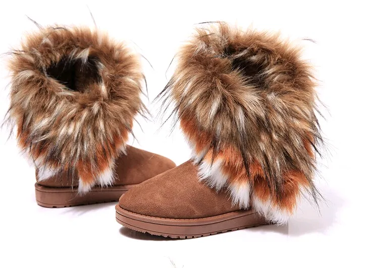 Botas cálidas de invierno para nieve para mujer, zapatos de mujer, moda, pelo de conejo y piel de zorro en tubo, combinación de colores