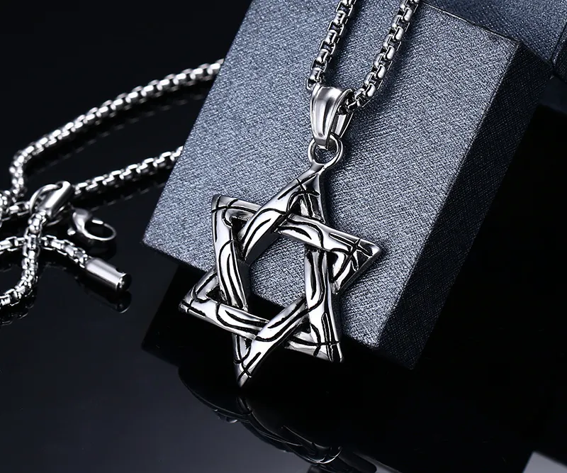 Unique Design High Quality Casting Biker 316L Stainless Steel tar of David Hexagon Pendant Necklace 20'' Box Chain Men Gift