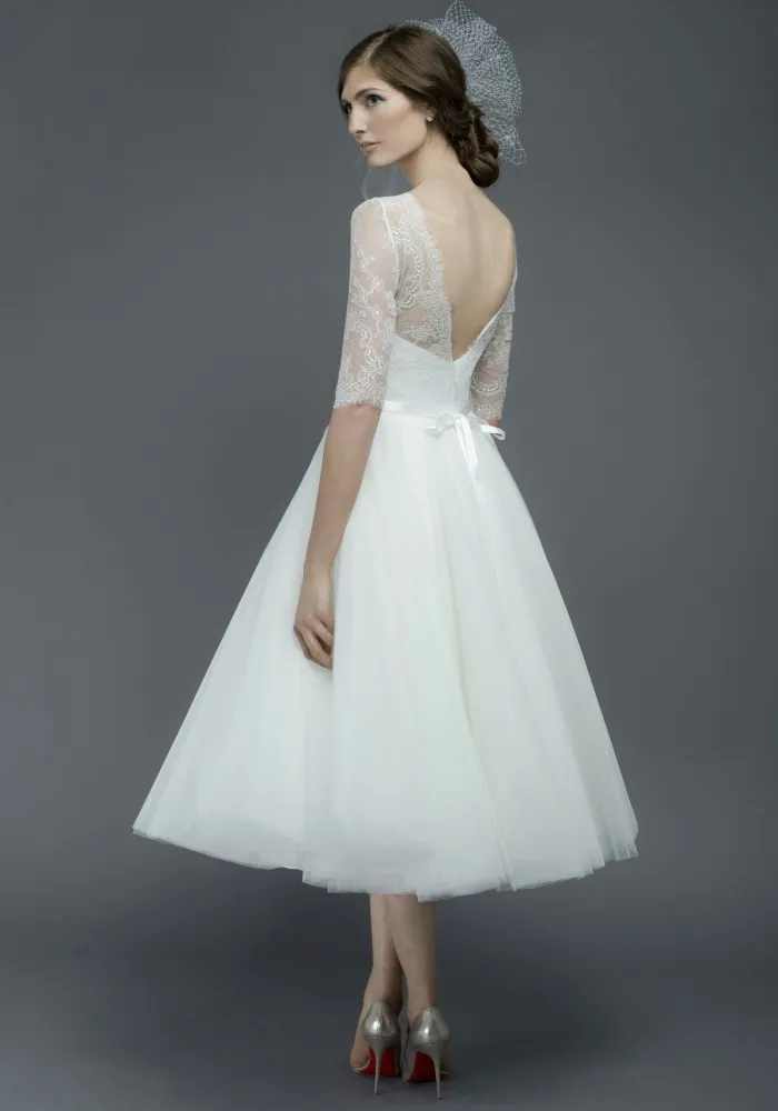Unique Style A Line Bateau Tea Length White Organza Lace Neckline ...