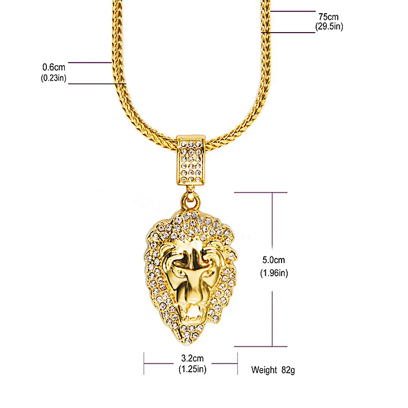 Hip Hop Lion King Crystal Rhinestone Pendant 18K Guldpläterad långkedjig halsband Hipster Street Dance Hiphop smycken män kvinnor hig274o