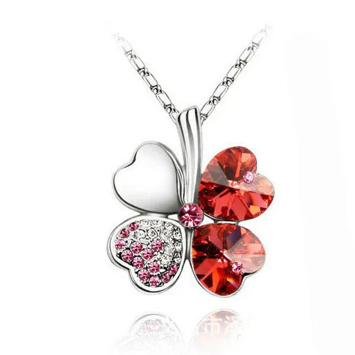 Clover Necklaces Silver Plated Chain Crystal Necklace Heart Lucky Four Leaf Clover Pendant Necklaces