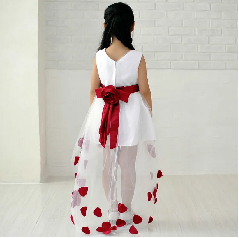 Good Quality Elegant Ball Gown Asymmetrical V-Neck Hi-lo Flower Girl Dress With Red Sash