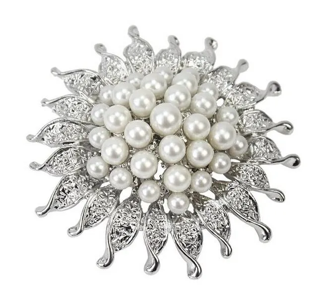 Vintage Style 2 Inch Silver Sun Flower Brooch with Ivory Cream Pearls Party Prom Bouquet Pins