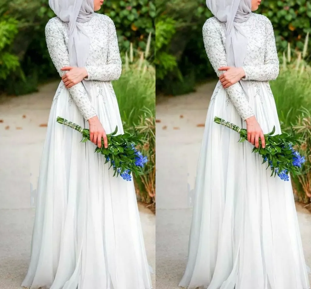 Muzułmańskie suknie ślubne z hidżabem Proste Czysty Biały Zroszony C Rystale Wysoki Dekolt Dekolarny Długi Rękaw Suknia Ślubna Szyfonowa