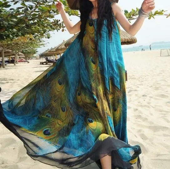 Plus Size Chiffon Sleeveless Ankle-Length Dress with Peacock Print and  Square Collar for Women Summer from Dhgate Basic & Casual Dresses - price  41.84