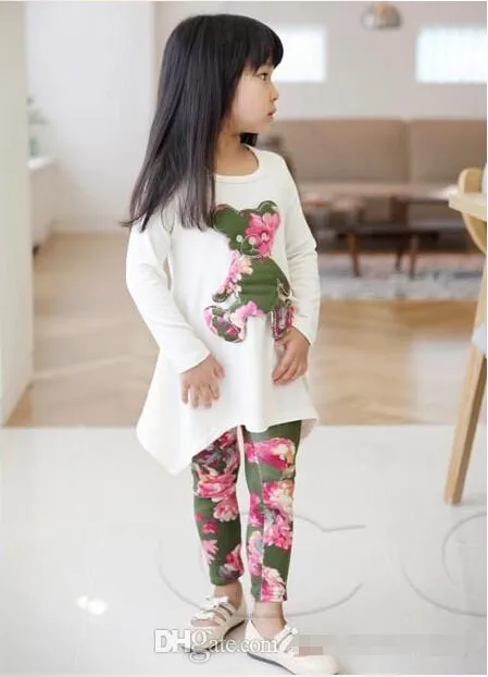 Meisjes Pak Leggings Kinderen Onregelmatige T-shirt Jurk met 3D Beer Bloemen Leggings Twee stukken Past Set Kids Outfits Meisjes Kleding Activewear