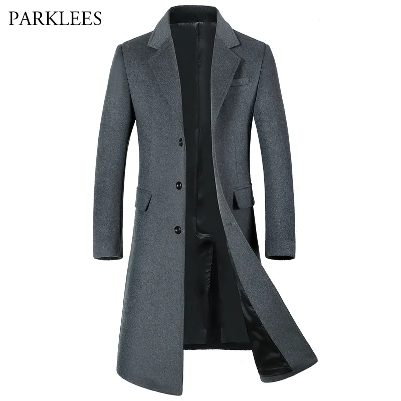 Partihandel-Extra Long Ull Trench Coat Men 2017 Vinterjacka Män Slim Fit Mäns Trench Coats Single Breasted Male Windbreaker Overcoat 3XL